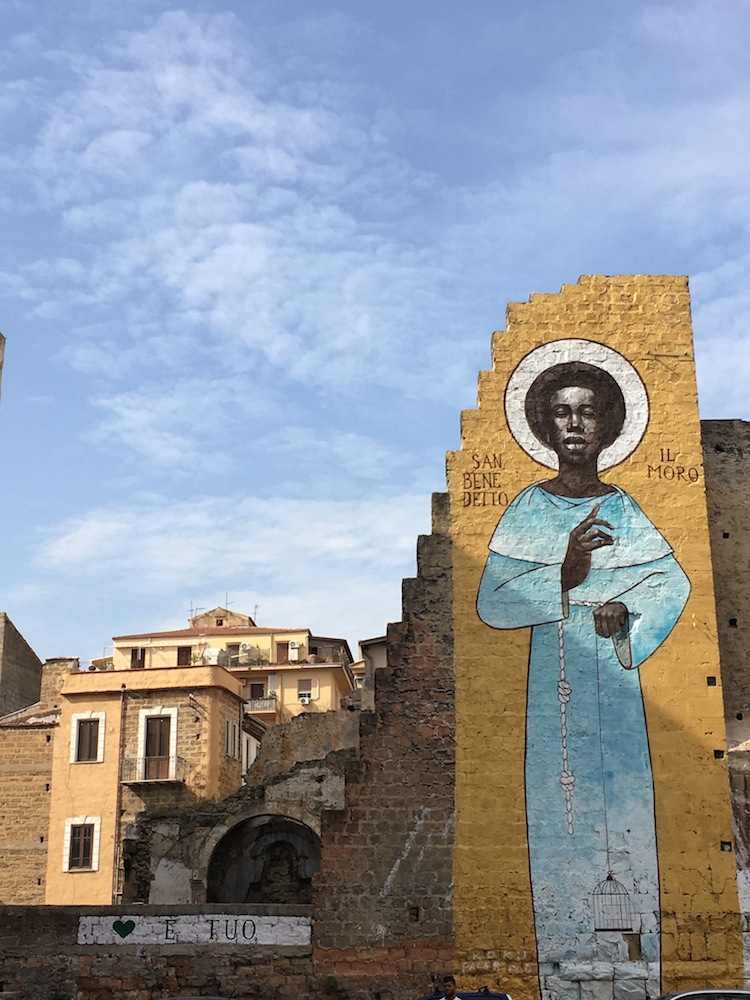 Saint Benedict the African building mural at Palermo Sicily, Italy.
