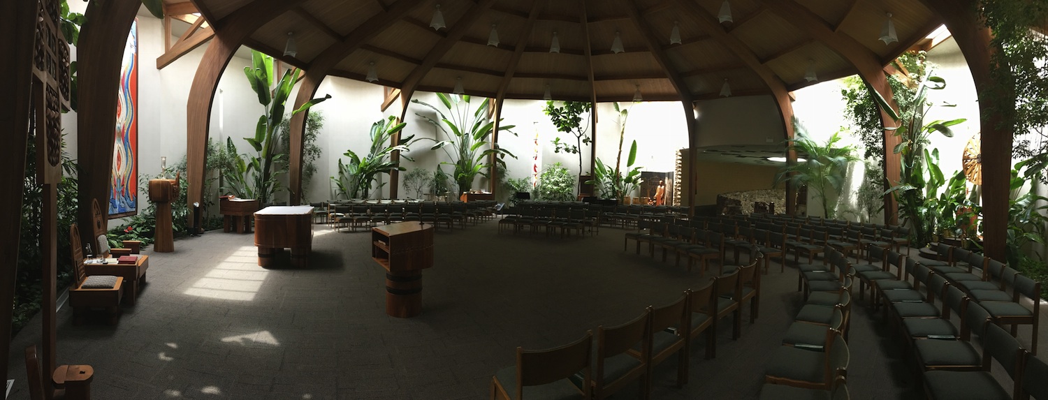 Inside of church of sanctuary hut with vegetation plants around