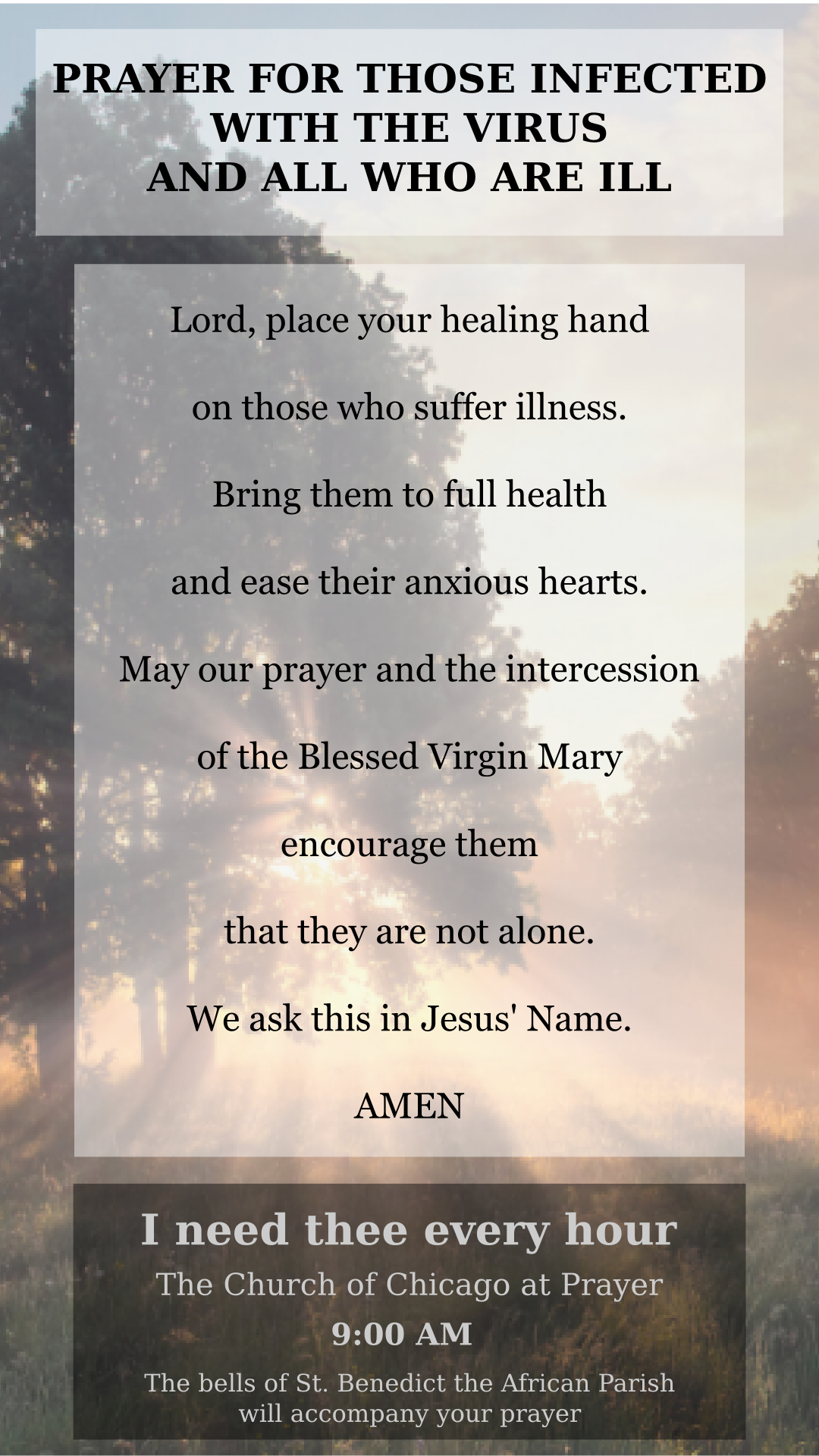 Prayer card for those infected with the COVID Corona virus and all who are ill